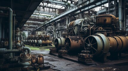 Abandoned and rusting industrial machinery in a polluted area - obrazy, fototapety, plakaty