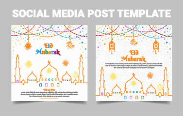 Eid mubarak islamic greeting card with mosque. Social media post and web banner template, vector illustration