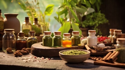 Obraz na płótnie Canvas Ayurvedic herbs and oils arranged in a spa setting