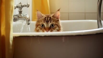 Cheeky cat trying to swim in an empty bathtub
