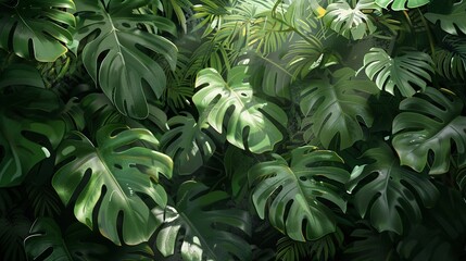 Digital painting of Channel the sense of adventure and exploration associated with the tropical habitats of the Monstera plant into your graphic designs. - obrazy, fototapety, plakaty