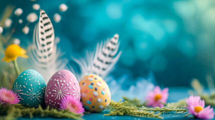 Painted Easter eggs, flowers and feathers on blue background.  Banner.  Card with space for text