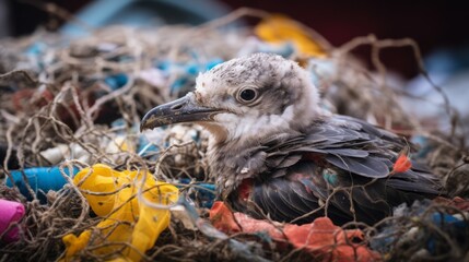 Close up of a bird with plastic litter in its nest - Powered by Adobe