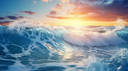 Clouds in the morning sky over the sea background pattern. Sunset or sunrise wallpaper. Decorative horizontal banner. Digital artwork raster bitmap illustration. AI artwork.