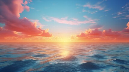 Obraz premium Clouds in the morning sky over the sea background pattern. Sunset or sunrise wallpaper. Decorative horizontal banner. Digital artwork raster bitmap illustration. AI artwork.