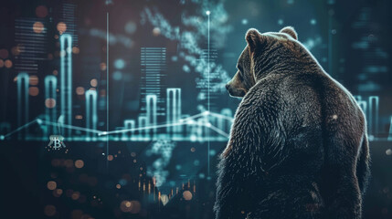 Businessman bear viewing a futuristic bitcoin graph - obrazy, fototapety, plakaty