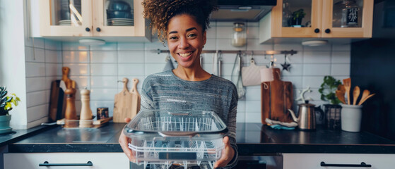 Joyful woman presenting a freshly baked pie in her cozy kitchen. - obrazy, fototapety, plakaty