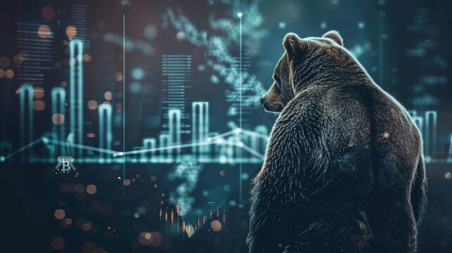 Businessman bear viewing a futuristic bitcoin graph