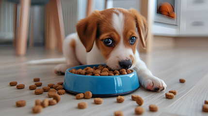 A little puppy gazes thoughtfully at a blue bowl brimming with dog food, scattered on a light wooden floor. generative ai 