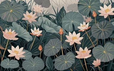 Gordijnen Lotus flower illustration with watercolor texture © Harry