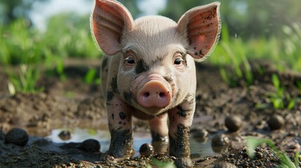 hyper realistic of A cute piglet enjoying a mud bath and rooting for truffles.
