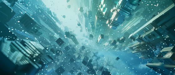 Futuristic cityscape with floating buildings and dynamic sky.