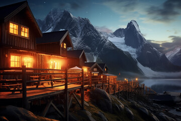 Wooden houses against snow-covered mountains ridge. Generative AI