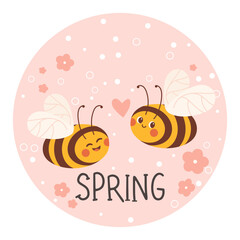 Hello spring vector illustration. Illustration of bee and flowers, Spring card, design for poster, stickers, banner. Floral springtime hand drawn prints design. 
