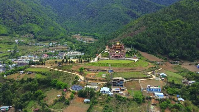 Beautiful tdl buddhist monastery architecture design at morning at dirang monastery arunachal pradesh india.