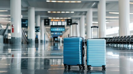 Obraz premium Two suitcases in an empty airport hall, traveler cases in the departure airport terminal waiting for the area, vacation concept