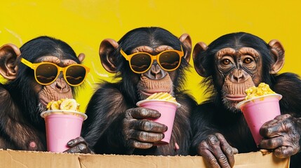 Pop Art of A mischievous monkey sharing a banana split with its primate pals. - obrazy, fototapety, plakaty