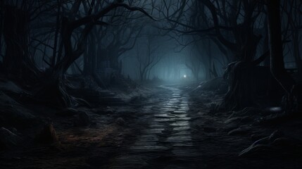 A haunted forest path with ominous, ghostly lights