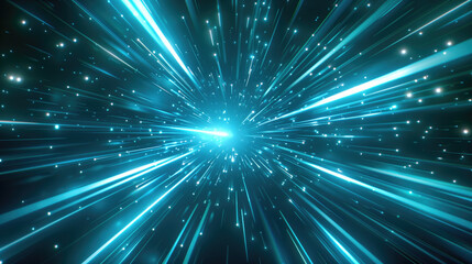 Hyperspace travel abstract background. Bright blue light streaks radiating from a central point against a dark space background.