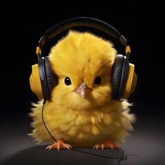 Cute yellow baby chick with headphones. Minimal concept. Black background