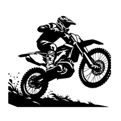 Cartoon Black and White Isolated Illustration Vector Of A Motorbike Dirt Bike Rider Wheelieing Through Mud