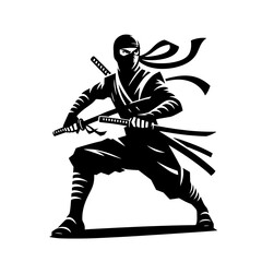 Cartoon Black and White Isolated Illustration Vector Of A Ninja In Stealth Clothing Dual Wielding Swords