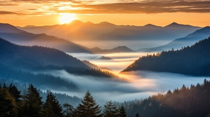 Fototapeta premium A radiant sunrise over a misty mountain