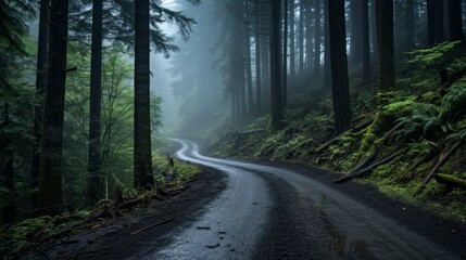 A road through a mystical, mist shrouded forest