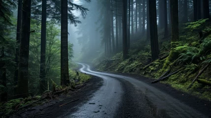 Fototapeten A road through a mystical, mist shrouded forest © Cloudyew