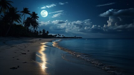 A serene beach with moonlight reflecting on the water