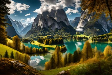 Serenity's Symphony: Rainforest Oasis by Lake and Mountain, A Harmonious Tapestry of Nature's Splendor in a Breathtaking Landscape generated by AI - obrazy, fototapety, plakaty