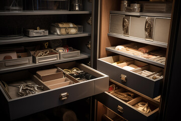 Safe interior with shelves and compartments, providing organized storage for jewelry and important papers. Generative AI