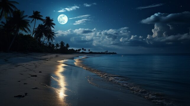 A serene beach with moonlight reflecting on the water