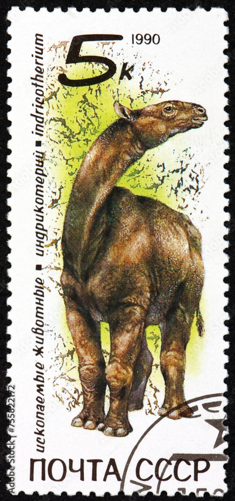 Wall mural Postage stamp Russia 1990 Indricotherium, was the largest land Mammal that ever existed, Prehistoric Animal