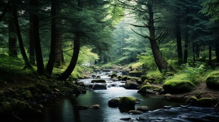 Fototapeta premium A tranquil forest clearing with a babbling brook for a serene ambiance