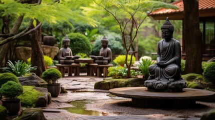 A tranquil meditation garden with stone statues
