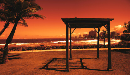 Seascape with Palm Trees, volcanic stone walls, and pergola at Sunset in San Juan, Puerto Rico,...