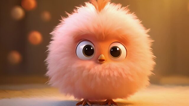 Little cartoon funny bird, bird's peach fuzz feathers are fluttering in the style of cinematography. Eyes blinking. 