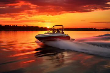 Speed motorboat towing water skier in romantic vibrant sunset. Generative AI - obrazy, fototapety, plakaty