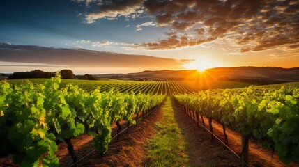 A vineyard with rows of grapevines at sunrise