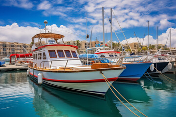 Obraz premium Lots of motorboats, sailboats and yachts docked at bustling marina. Generative AI