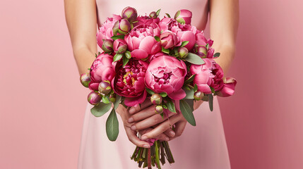 Woman in pink dress holds elegant bouquet of peonies against pink wall.
