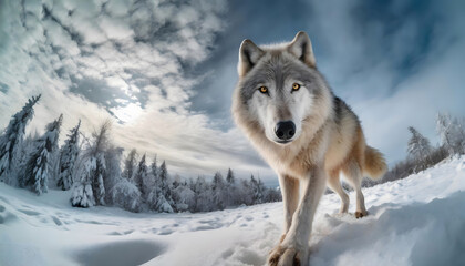 Fototapeta premium An arctic wolf in the snow, wide angle