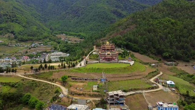 Beautiful tdl buddhist monastery architecture design at morning at dirang monastery arunachal pradesh india.