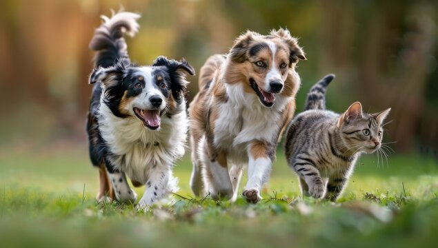  cute dogs and one cat running on the grass all smiling happily Generative AI
