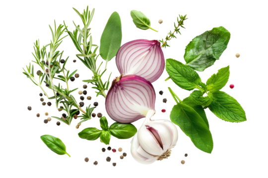 Top view of Herbs and spices isolated on background, ingredients for cooking food, healthy vegetables food, high fibers and vitamins.