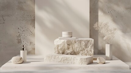 Stone podium for display product. Background for cosmetic product branding, identity and packaging - generative ai