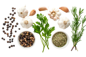 Top view of Herbs and spices isolated on background, ingredients for cooking food, healthy vegetables food, high fibers and vitamins.