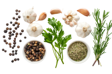 Top view of Herbs and spices isolated on background, ingredients for cooking food, healthy vegetables food, high fibers and vitamins.