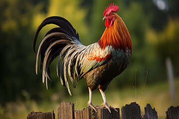 Colorful rooster crowing proudly from atop a weathered fence post. Generative AI